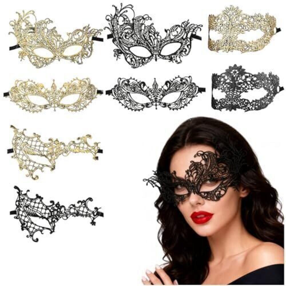 6010 8pcs Lace Masquerade Mask Black & Gold Adjustable Ribbon Straps